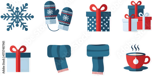 Flat design icon set for winter and holiday season, featuring snowflakes, warm mittens, festive gift boxes, cozy scarves, and a comforting hot drink, ideal for seasonal digital projects