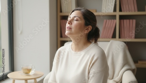 Mature woman experiencing a hot flash symptom of menopause at home. Middle-aged female taking a deep breath for stress relief and relaxation. Health and well-being concept
