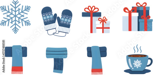 Flat design vector collection of winter and holiday season elements including snowflakes, warm accessories like mittens and scarves, festive gift boxes, and a comforting hot beverage
