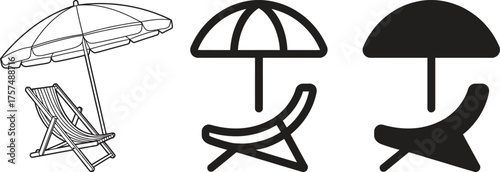 Beach chair and umbrella icons in sketch outline and silhouette styles