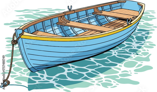 A blue rowboat with yellow trim floats on rippling water, tied with a rope