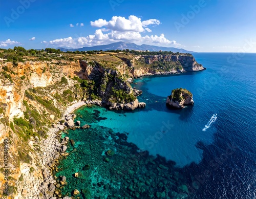 Aerial view of cliffs meeting turquoise waters under a sunny sky