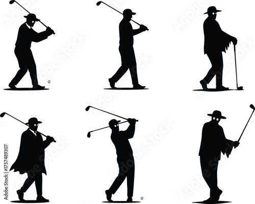 Horror golf silhouettes, spooky sports illustration, eerie golfer characters, supernatural swing art, haunted athlete design, dark Halloween recreation concept