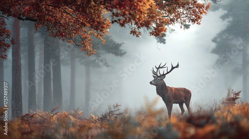 Majestic Stag in Autumnal Forest: Misty, Golden-Hued Wilderness Scene.