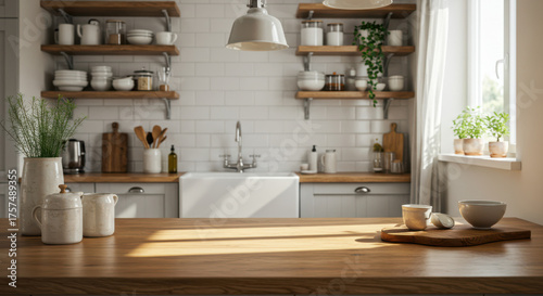 Sunlit farmhouse kitchen interior with rustic shelving and sink