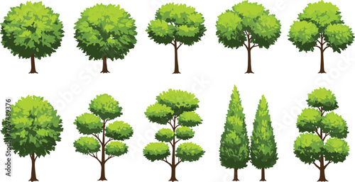 Set of ten cartoon-style green trees with varied shapes and foliage, ideal for game design, landscape art, nature illustrations, UI elements, and digital projects needing clean vector tree assets