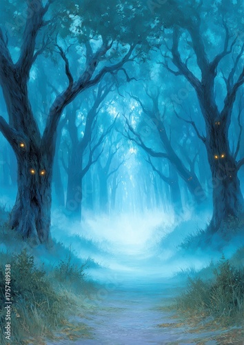 A Hauntingly Beautiful Painting of a Forest Path Bathed in Ghostly Light Perfect for Halloween Celebrations