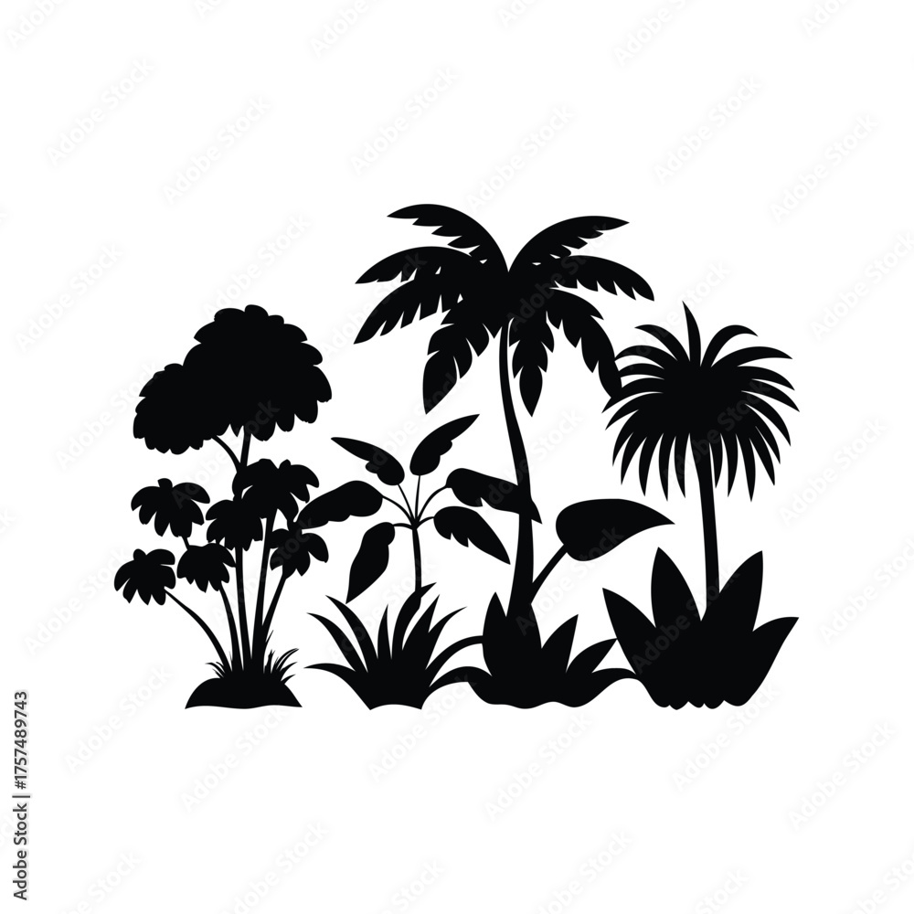 Obraz premium Black silhouette of a lush tropical forest with palm trees and plants, jungle plants and shrubs silhouette vector illustration