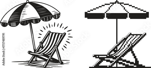 Two hand drawn deck chairs and umbrellas on a white background