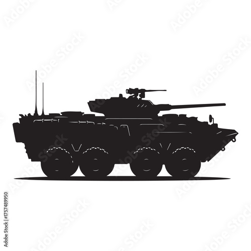 Black silhouette of an armored military vehicle with wheels and a turret