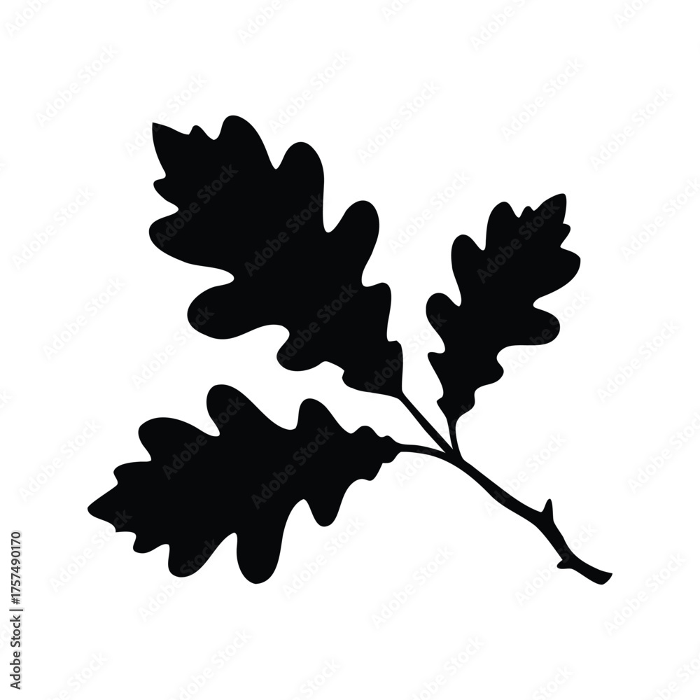 Naklejka premium Silhouette of oak leaves on a branch, creating a stark contrast against white, oak branch silhouette vector illustration