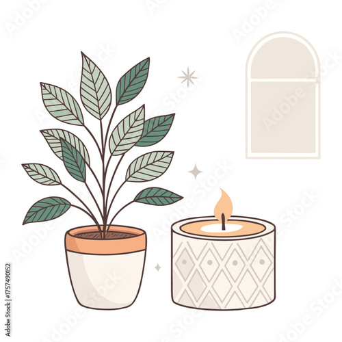 An illustration featuring a potted plant with striped leaves, a lit candle in a patterned holder, and a window shape.
