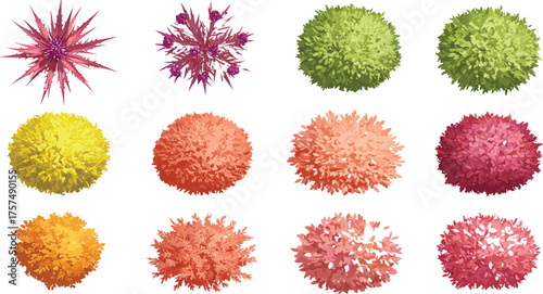 Top-down cartoon bushes and floral shrubs in vibrant pink, purple, yellow, orange, and green hues, perfect for game assets, garden design, UI elements, nature scenes, and digital illustration projects