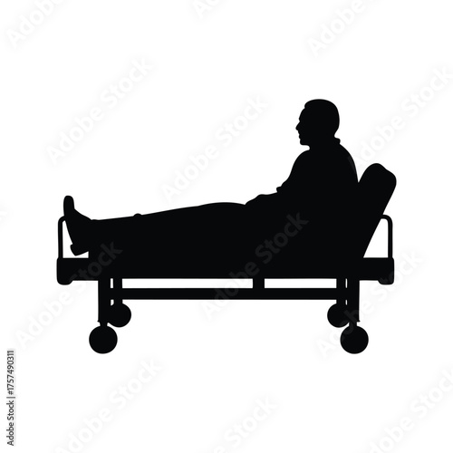 Silhouette of a man lying on a wheeled medical bed in isolation, person in hospital bed silhouette vector illustration