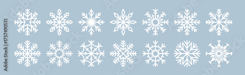 Snowflake crystals. Winter snow flakes. Christmas holiday decorations, ornaments with snowy patterns, different shapes. Festive cold stars, seasonal decor. Isolated flat vector illustrations set.