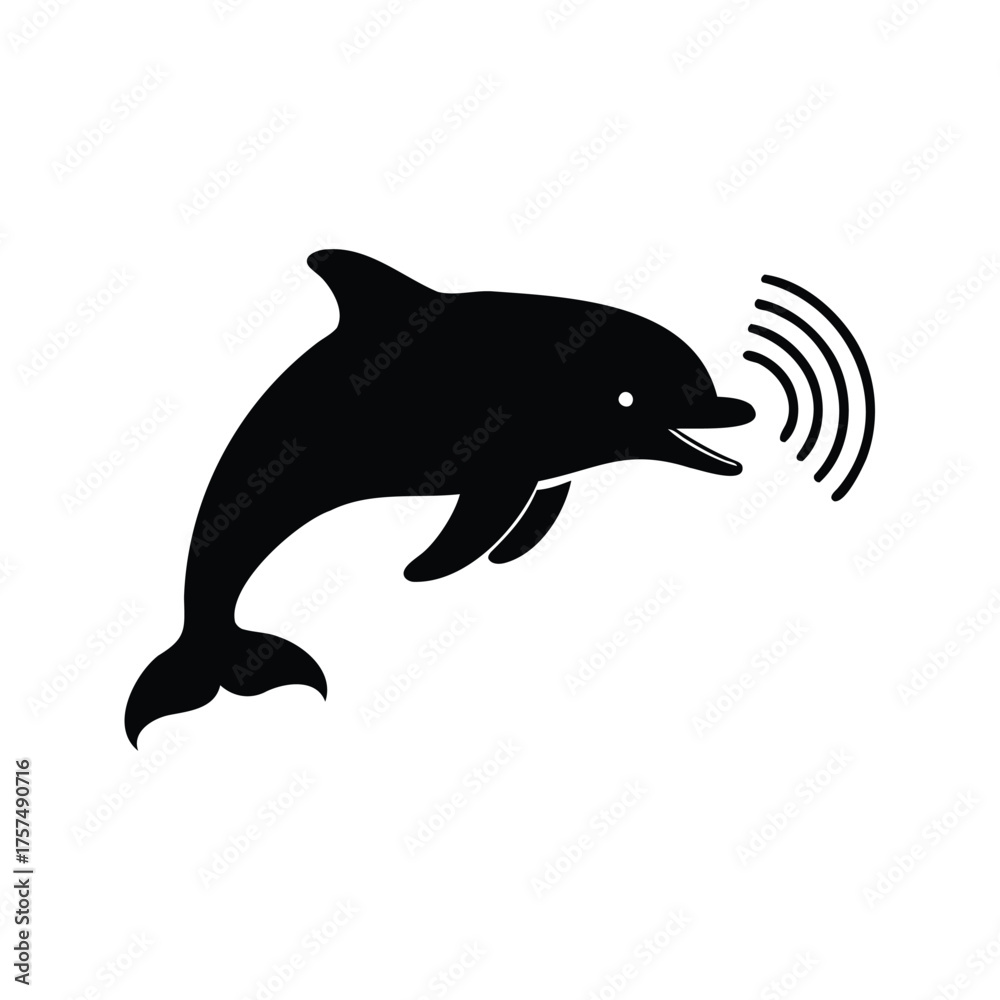 Obraz premium Silhouette of a communicating dolphin showing echolocation waves, a friendly marine animal, dolphin communicating with sounds silhouette vector illustration