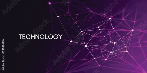 Vector style digital network connections with glowing nodes on a deep purple background, illustrating technology and data