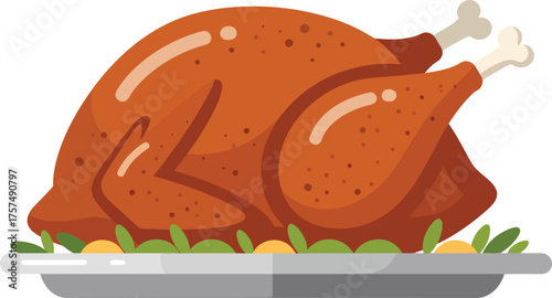 A beautifully roasted whole turkey, golden brown and glistening, served on a platter with a garnish of green herbs.