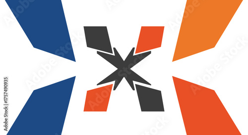 Abstract geometric design featuring an "X" shape with radiating blades in blue, orange, and grey