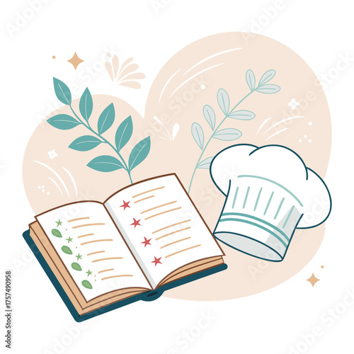 Illustration of an open cookbook with recipes alongside a chef's hat, set against a soft pastel background with leafy sprigs.