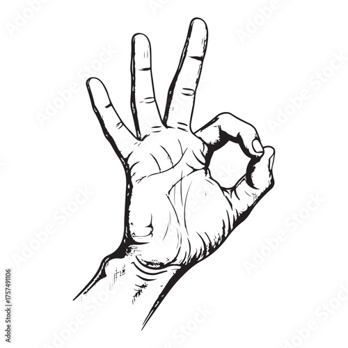 Black and white sketch of a hand making the okay gesture