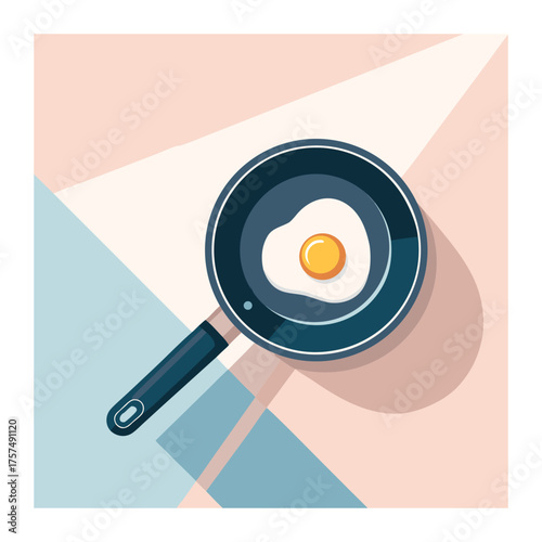 Top-down illustration of a fried egg in a blue frying pan, set against a geometric pastel background.