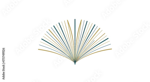 Fan-shaped graphic of lines radiating from a central point. Alternating lines are gold and teal