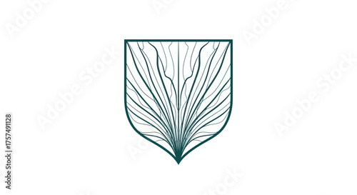 A teal emblem with a stylized botanical illustration inside a shield shape on a white background