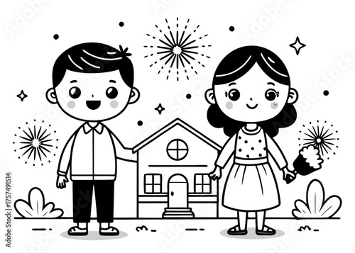 Cute Cartoon Kids Celebrating New Year s Eve with Fireworks and House Outline