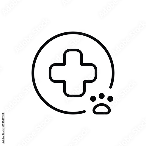 Black line art of a medical cross within a circle with a paw print in the lower right corner suggesting veterinary care