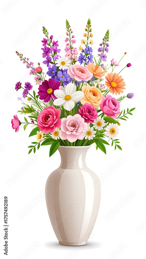 Obraz premium A vibrant floral arrangement bursts from a neutral-toned vase. The bouquet features diverse blossoms in shades of pink, purple, orange, and white