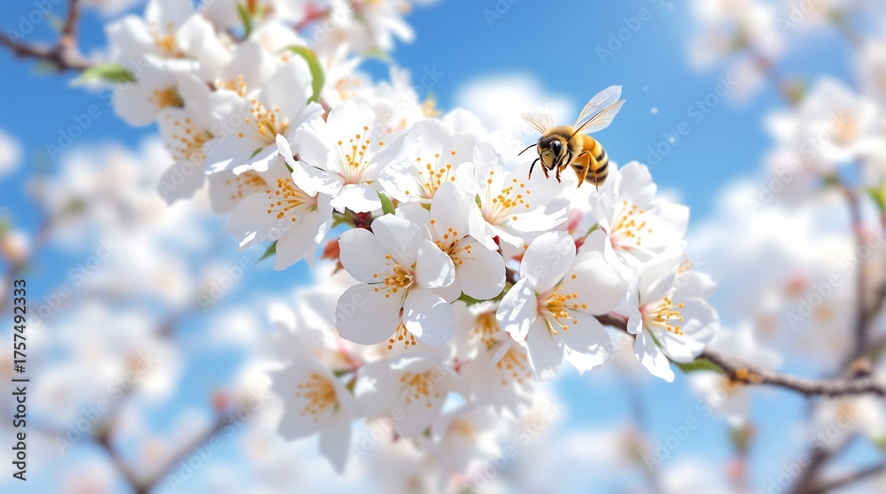 Fototapeta premium Honey bee pollinating white cherry blossoms in spring garden nature photography stock image background wallpaper