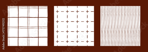 Set of seamless hand drawn brown line patterns. Grid, cross stitch, and stripe vector designs. Simple checked print for textile, wallpaper, and wrapping.