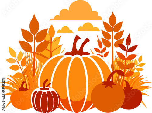  Autumn harvest scene with pumpkins silhouette vector icon , white background 