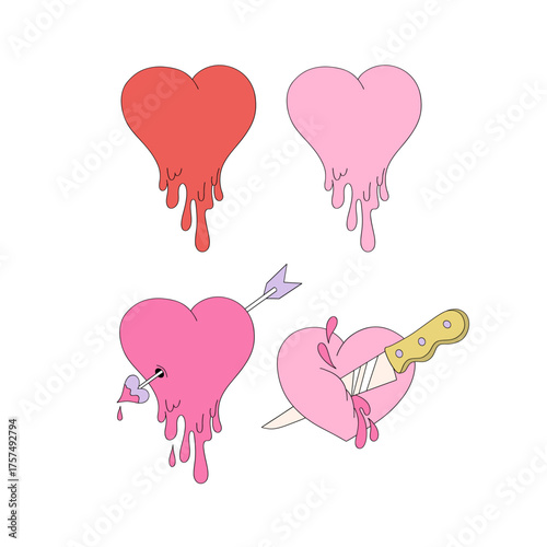 Spooky Halloween Valentines Day Melting Dripping Hearts Clipart Set, Cute Anti V-Day Retro Aesthetic Illustrations for T-Shirt Design, Scrapbooking and Stickers