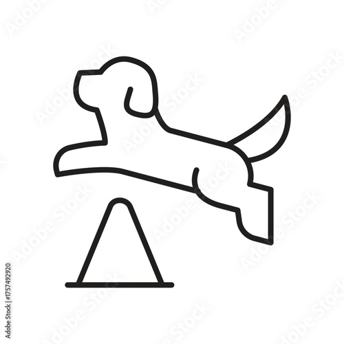 Line art of a dog leaping over a triangular object