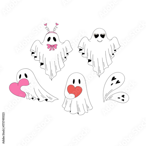 Spooky Halloween Valentines Day Ghosts Clipart Set, Cute Anti V-Day Retro Aesthetic Illustrations for T-Shirt Design, Scrapbooking and Stickers