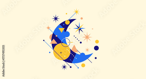Abstract Geometric Crescent Moon Surrounded by Stars and Shapes Isolated on Cream Background