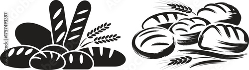 Artistic black and white illustration of assorted baked bread and wheat stalks