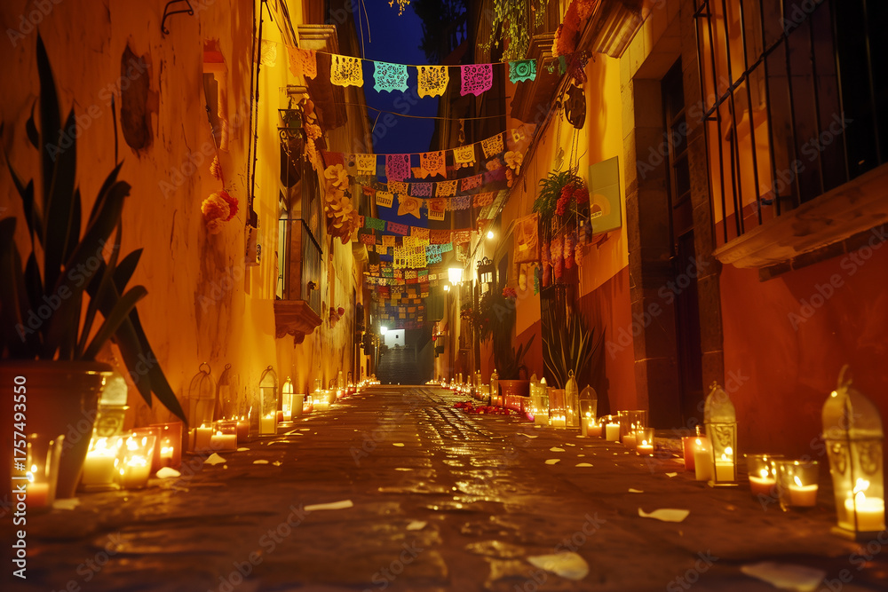 Fototapeta premium A long street with many lanterns hanging from the ceiling. Day of the Dead, mexico,