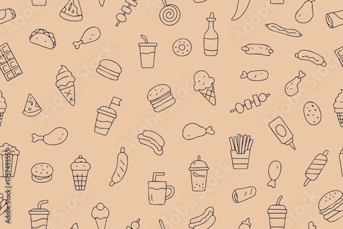 A seamless pattern of icons featuring various food and drink items. Includes burgers, ice cream, tacos, and more, perfect for culinary themes and graphic design projects. National Junk Food Day is