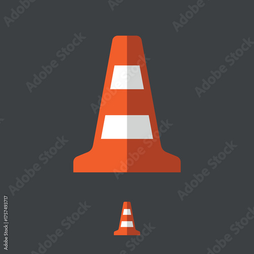 Volumetric traffic cone icon. Automobile symbol, orange plastic cone for road marking. Designation or fencing of a hazardous road section, road construction, or accident. Cone for marking boundaries.