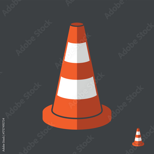 Volumetric traffic cone icon. Automobile symbol, orange plastic cone for road marking. Designation or fencing of a hazardous road section, road construction, or accident. Cone for marking boundaries.