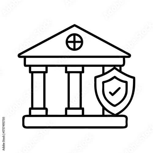 Line art illustration of a bank building with a check shield symbol

