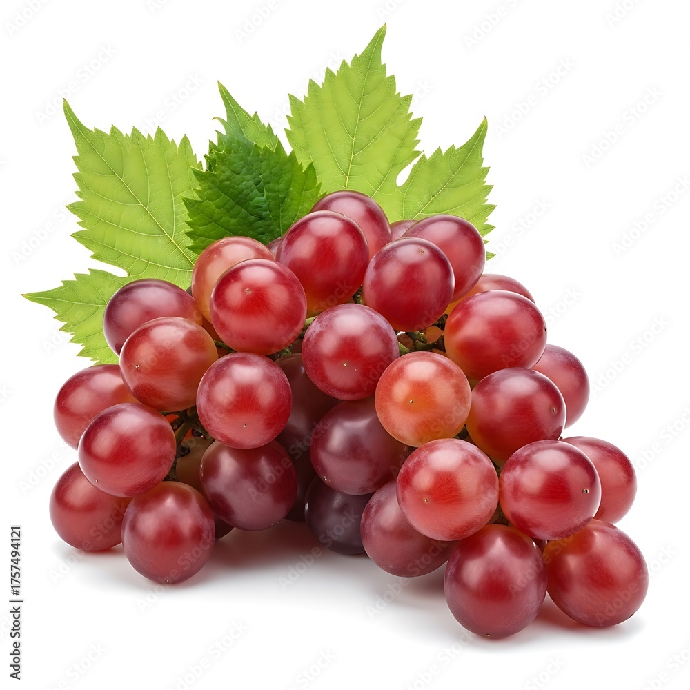 Fototapeta premium Bunch of red grapes with green leaves fruit food