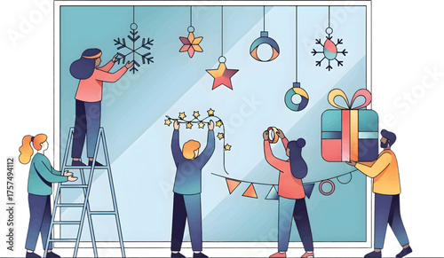 A joyful group of friends collaborate on festive holiday decorations, hanging ornaments and lights in preparation for a winter party