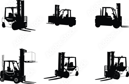 Forklift truck silhouette set, industrial vehicle icons, warehouse equipment illustration, cargo lifting machines, logistics transport design, vector art