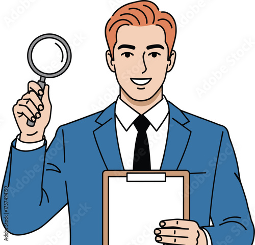 Man in Suit Holding Magnifying Glass and Clipboard Business Professional's Research and Analysis Tool
