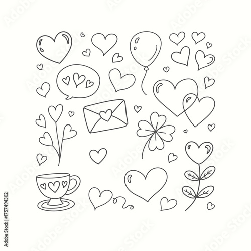 Hand drawn hearts balloon envelope and clover valentine
