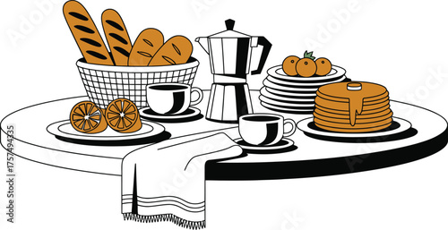 Elegant breakfast spread with coffee pastries and bread on a tray